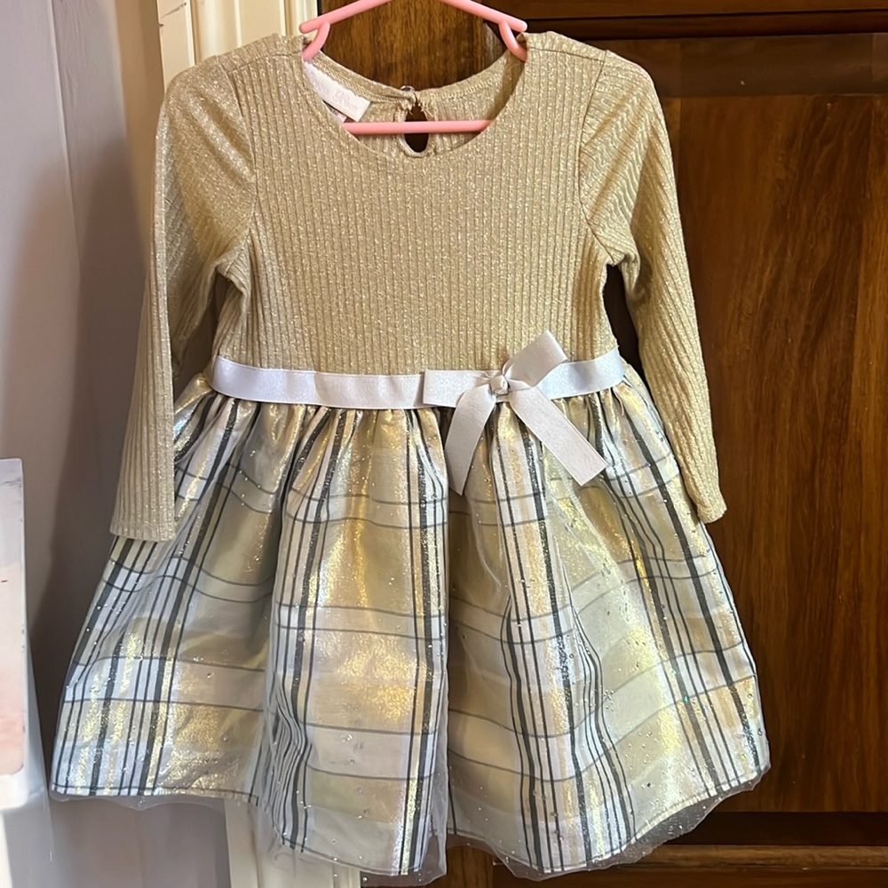 24 Mo Bonnie Baby Gold Knit Taffeta Plaid Rhinestone Holiday Dress